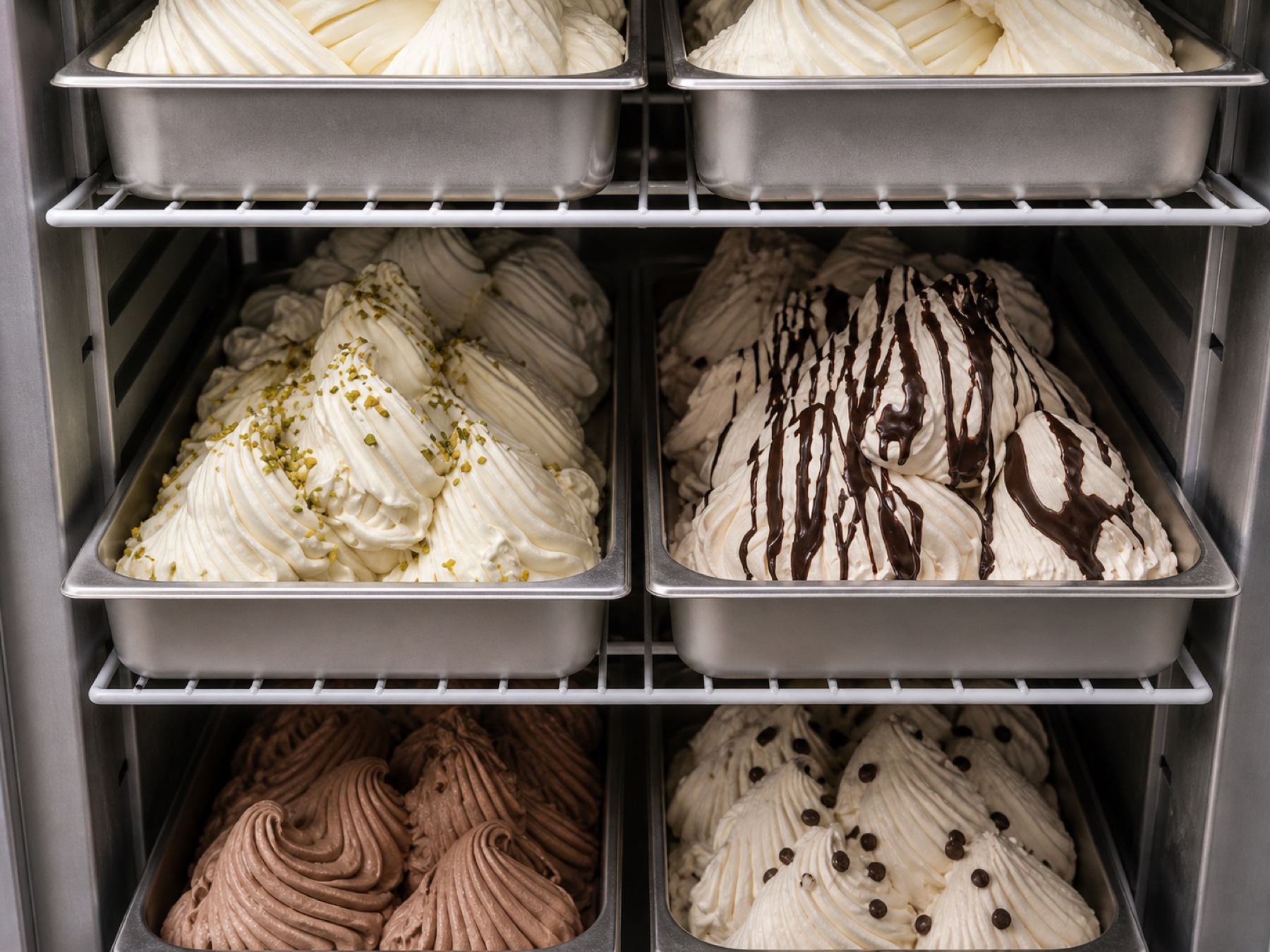 Bacs de glaces artisanales dans un congélateur professionnel