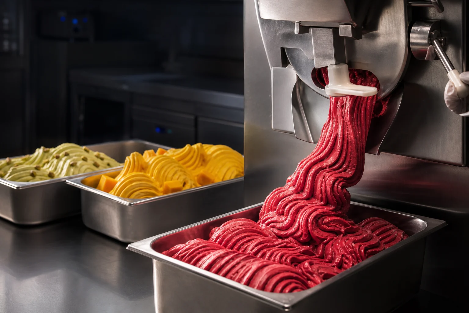 Glace framboise turbinée dans un équipement professionnel