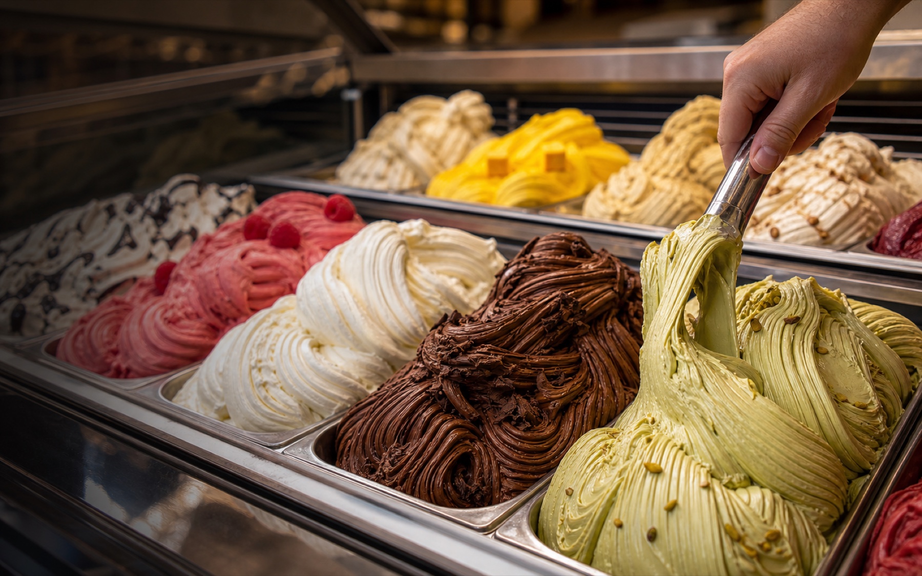 Vitrine généreuse de glaces artisanales et service à la spatule