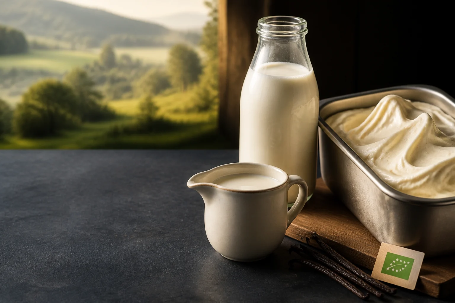 Lait frais, crème et glace artisanale illustrant les ingrédients bio sélectionnés