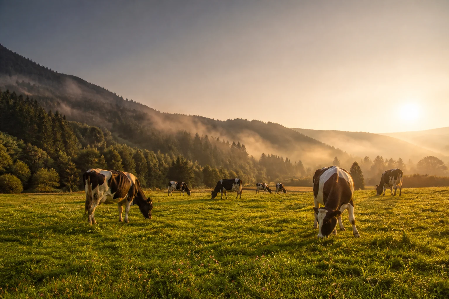 Troupeau de vaches laitières au pâturage au lever du soleil