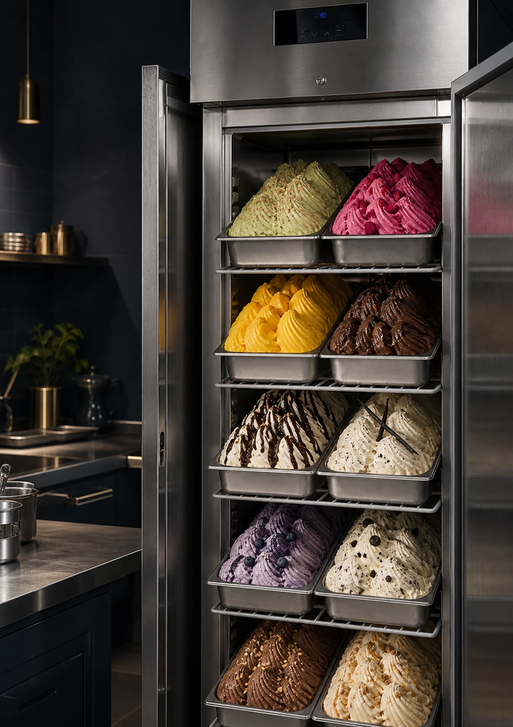 Bacs colorés de glaces artisanales conservés dans un congélateur professionnel
